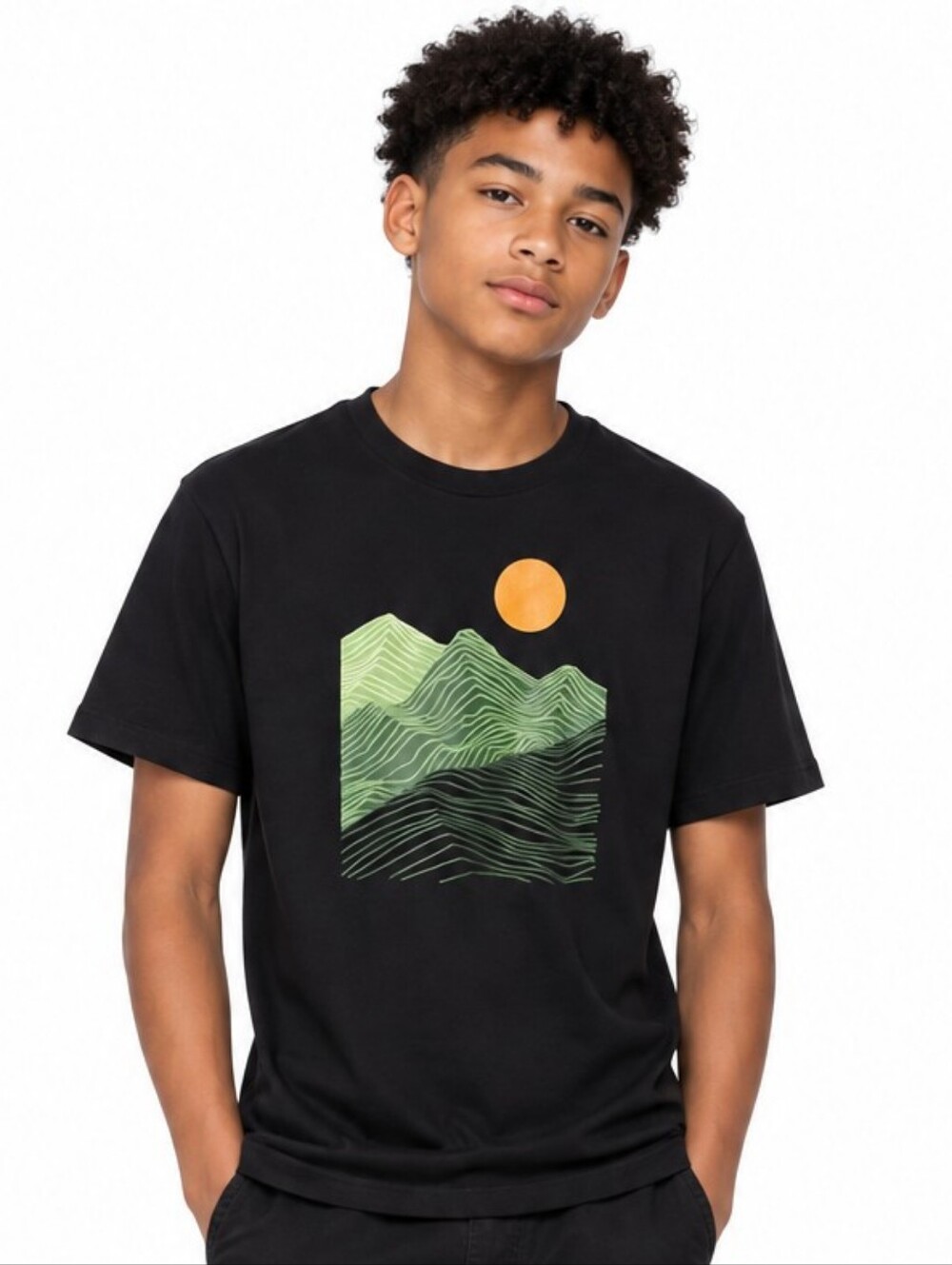 Boys Black Graphic Tee with Green Mountain Print and Orange Sun Sz8